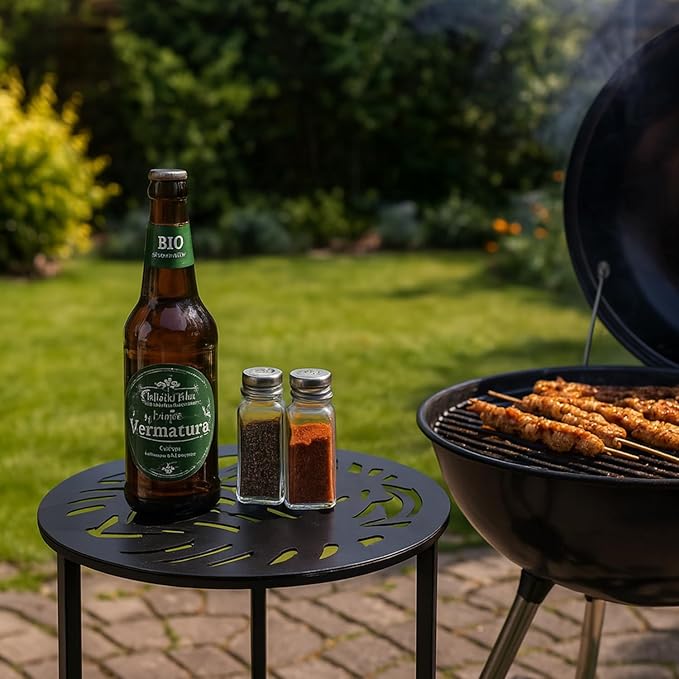 2 Packs 13" Metal Outdoor Side Tables Small Black Outside End Table for Patio Round Accent Corner Stand for Small Spaces Weather-Resistant Coffee Table for Balcony Porch Plant Stand, Monstera Leaf