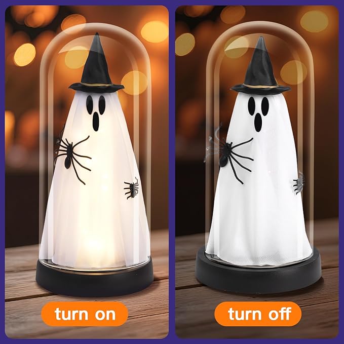 Halloween Decor-Halloween Decorations Indoor-Light Up Ghost in Glass Cloche-Cute Ghost with Light for Home Kitchen Mantel Tabletop Party Decor