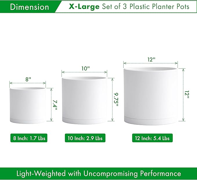 D'vine Dev 8 Inch 10 Inch 12 Inch, Set of 3 Plastic Planter Pots for Plants with Drainage Hole and Seamless Saucers, White Color, X-Large, 74-V-A-5