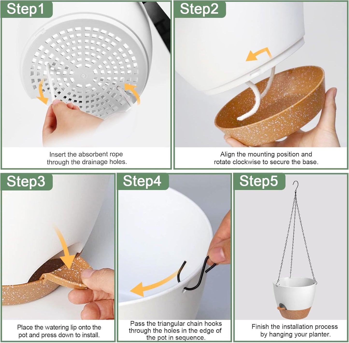 3 Pack Hanging Planter Indoor Outdoor Flower Pots 7/6.5/5 Inch, Self-Watering Hanging Pot with Drainage Holes Hanging Baskets Holder Plant Pots for Garden (White)