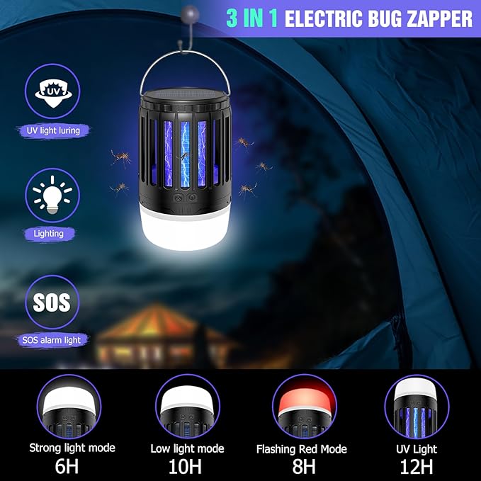 2 Pack Solar Bug Zappers Outdoor, 3 in 1 Mosquito Zapper Killer USB Rechargeable Camping Light, Waterproof Portable Gnats Flying Trap for Outdoor & Indoor