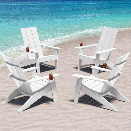 MXIMU Modern Adirondack Chairs Set of 4 Weather Resistant with Cup Holder Oversize Plastic Fire Pit Chairs Plastic Outdoor Chairs for Firepit Area Seating (White)
