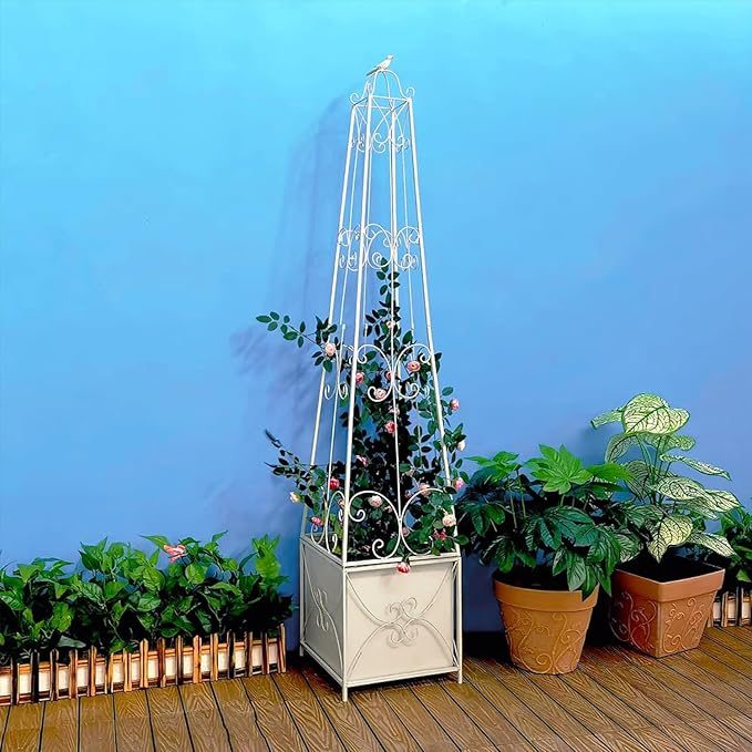 Sungmor Garden Obelisk Trellis with Planter Box - 5ft Metal Climbing Plant Support Tower with Bird Finial - Decorative Outdoor Wrought Iron Trellis for Roses, Clematis, Vines, Ivy - Distressed White