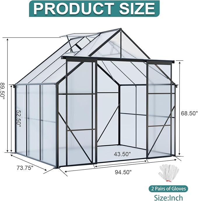 KEIKI 8x6 FT Double Door Upgrade Polycarbonate Greenhouse with Aluminum Frame,Raised Base and Roof Vent,Walk-in Greenhouses for Patio Garden