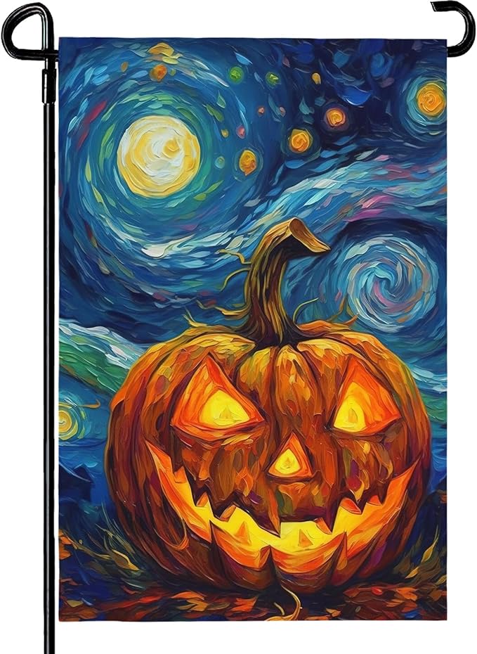 Halloween Garden Flag Pumpkin Garden Flag Van Gogh Garden Flags Arts Starry Night Sky Moon Yard Flag Double Sided Fall Porch Patio Farmhouse Outdoor Yard Decorative 12 x 18 Inch