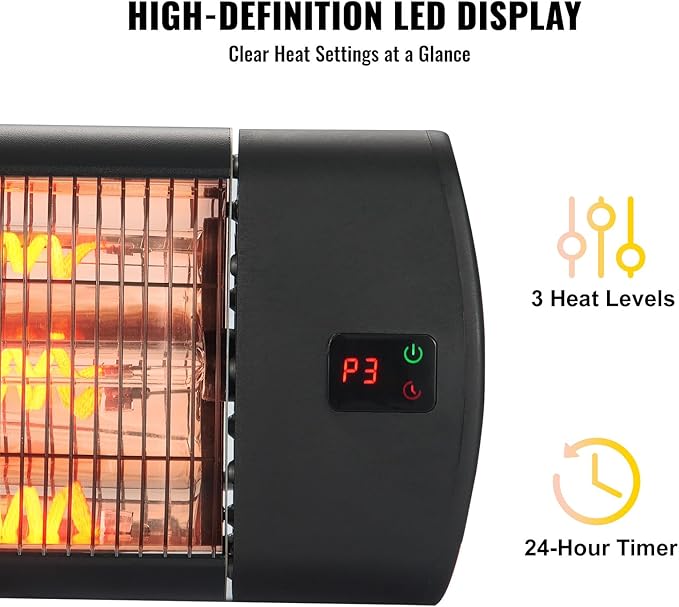 VEVOR Infrared Heater, 1500W Remote Control Electric Space Heater, LED Screen Patio Heater w/ 3 Speeds & Timer, Outdoor/Outdoor for Porch,Dining Room,Studio, with Stand & Mount to Ceiling/Wall,34in L