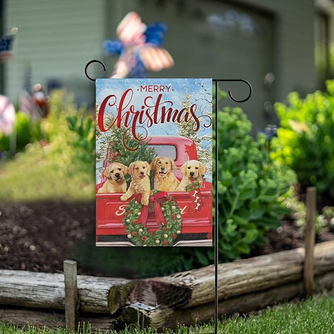 Merry Christmas Welcome Garden Flag 18x24 Inch Winter Dog Xmas Yard Flags Large Vertical Double Sided Red Truck New Year House Flag Seasonal Outside Decor for Yard Farmhouse