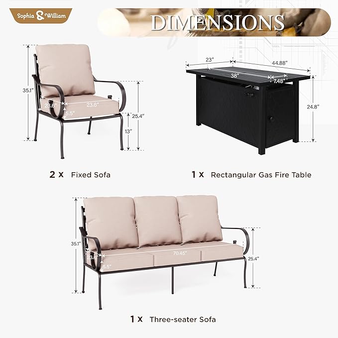 Sophia & William 4 Piece Patio Furniture Set with Fire Pit, Outdoor Conversation Sets 5 Seats Clearance with 45" Gas Fire Pit Table x 1, 3-seat Sofa x 1, Cushioned Chair x 2 for Porch Lawn, Beige