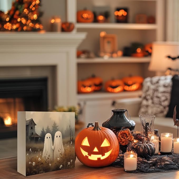 Mtrgdn Cute Halloween Decor,Halloween Decorations Indoor,Spooky Ghost Desk Decor Wooden Box Sign,Halloween Home Office Kitchen Bathroom Bedroom Coffee Bar Table Shelf Wall Decorations,5x5 Inch
