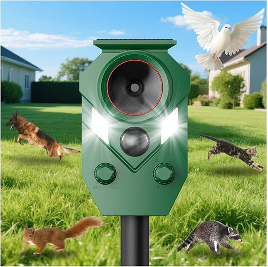 Solar Ultrasonic Animal Repeller Outdoor – Motion Sensor Activated Deer Repellent with Flashing Lights & Sound, IP65 Waterproof, Deterrent for Cats, Dogs, Raccoons, Skunks, Birds