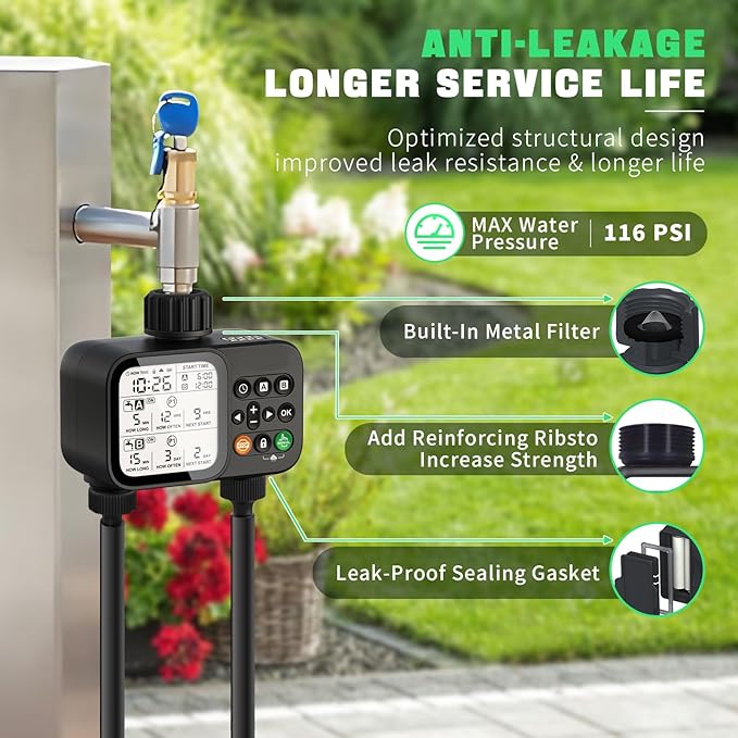 2 Zone Sprinkler Timer for Garden Hose, 8 Programmable Hose Water Timer with Auto Rain Delay, 3.3“ Large LCD Display Digital Irrigation System for Plant, Yard, Lawns, Outdoor
