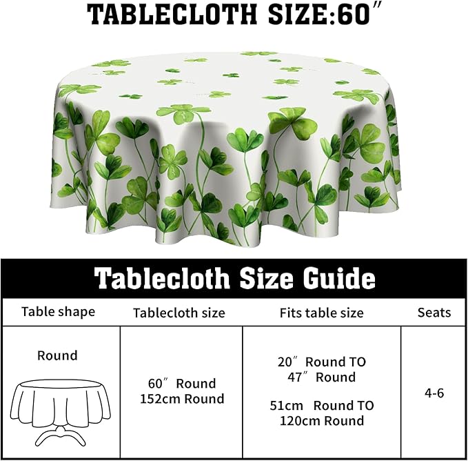 St. Patrick’s Day Round Tablecloth, Lucky Shamrock Table Cloth, Green and White Tablecloths, Four Leaf Clovers Waterproof Table Cover for Dinner Room Holiday Party Kitchen Decoration, 60 Inch
