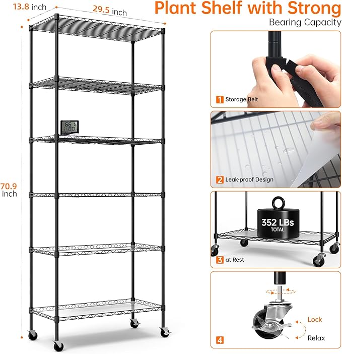 Plant Shelf with Grow Light, Grow Light Shelf with Cover and Thermometer, 6 Tier Plant Stand with Grow Light , Greenhouse with 150W Led Grow Light For Seed Starting , Tray (29.5"L×13.8"W×70"H)