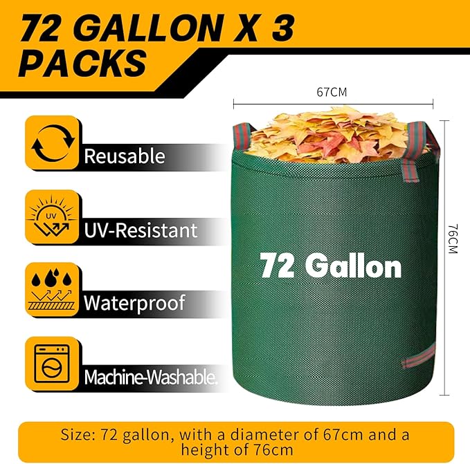 Reusable Yard Waste Bags - 3 Pack, 72 Gallon Lawn Bags with Reinforced Handles, Ideal for Grass, Leaves, and Yard Waste - Durable and Garden Waste Bags, Collapsible Lawn Leaf Bag, Leaf Bag Stand Up.