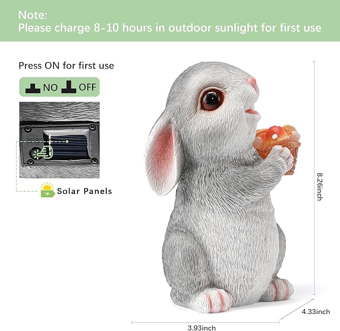 Solar Rabbit Garden Statues Outdoor Bunny Decor Resin Bunny Figurine Holding Mushroom with LED Lights for Porch Patio Lawn Yard Housewarming Gardening Gifts for Mom Grandma