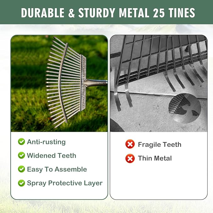 65" Rake,25-Tine Heavy Duty Garden Rake with Leaf Scoops & Bag - Non-Slip Fixed Handle Metal Rastrillo para Jardin for Lawn, Yard, Shrubs, Leaves, Debris