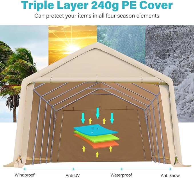 ADVANCE OUTDOOR 13x20 ft Garage Tent Carports with 2 Roll up Doors & Vents Outdoor Portable Storage Shelter for Vehicle Truck Boat Anti-UV Snow Resistant Waterproof, Beige