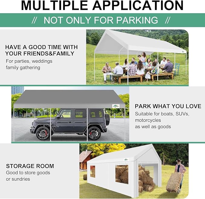 COBIZI 12x20ft Carport Heavy Duty, Portable Car Garage Outdoor Party Tent with Built-in Sandbags, Waterproof Car Canopy for Truck, Boat, SUV with All-Season Tarp, White