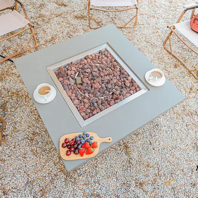 Westport Concrete Fire Pit 34" x 34" Outdoor Patio Firepit Includes Lava Rocks Modern Fire Pits & Outdoor Fireplaces for Garden, Deck, Indoor & Outdoor Heating