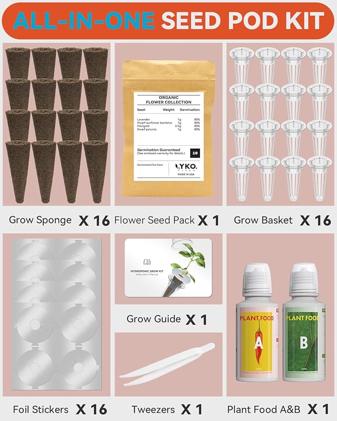 LYKOCLEAN 16 Pods Flower Seed Kit Compatible with AeroGarden Hydroponics Growing System, Indoor Garden Starter Set with Lavender, Sunflower, Petunia and Marigold