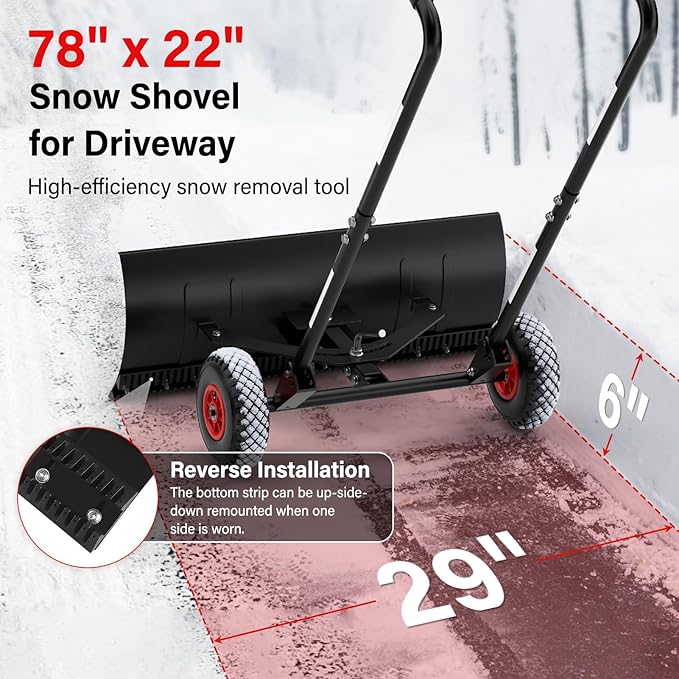 Snow Shovel Pusher for Driveway,Heavy Duty Steel Snow Shovel with Wheels,29 in Angled Blade Efficient Snow Removal,3 Level Adjustable Height Handle,Snow Plow with Safety Reflective Tape