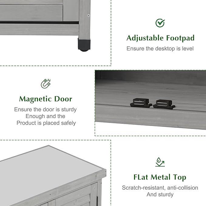 Outdoor Storage Cabinet & Potting Bench Table with Metal Top (Accent Grey, 36x31x17in)