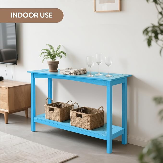 Weatherproof HIPS Outdoor Console Table, 48'' 2-Shelf SideTable Indoor/Outdoor Use, Multifunctional Buffet Table Bar Storage Organizer for Entryway,Yard, Patio, Outside Plant Stand Table, Blue