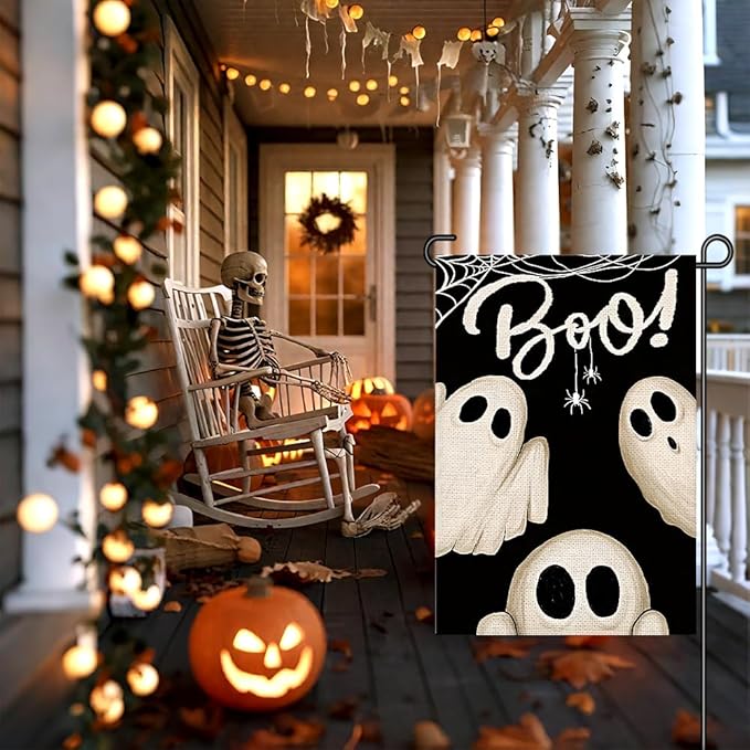 Spooky Ghost Boo Garden Flags for Outside 12x18 Inch Double Sided Burlap, Welcome Sign Halloween Small Flag Banner Farmhouse Holiday Yard Lawn Outdoor Decorations DF878