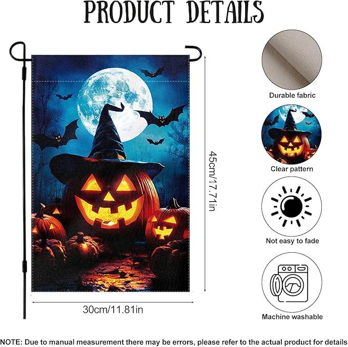 Halloween Garden Flag 12 x 18 Inch Double Sided Pumpkin Bat Moon Designs Welcome Fall Autumn Burlap Yard Flag for Outside Rustic Yard Outdoor Holiday Home Decoration