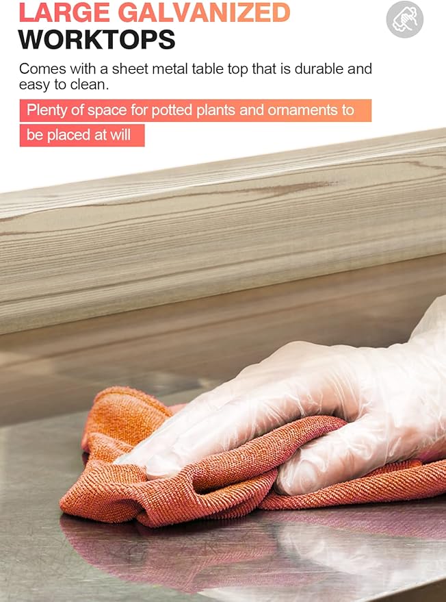 ARNOT Potting Bench, Enhanced 3-Shelf Potting Benches for Outdoors, Wooden Garden Potting Bench Tables W/Metal Tabletop & Cabinet Drawer, 3 Hooks