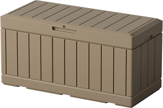 Greesum 82 Gallon Resin Deck Box All Weather Large Outdoor Storage for Patio Furniture, Toys, Garden Tools, Lockable, Light Coffee