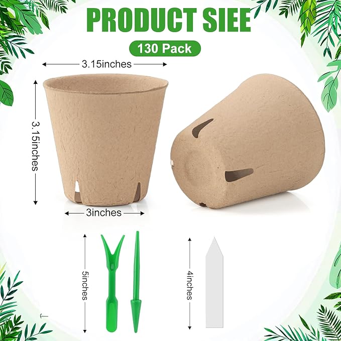 130 Pcs 3.15 Inch Peat Pots,Seed Starting Pots with Drainage Holes Round Plant Seedling Pot,Garden Germination Nursery Pot wit 30 Plant Labels, 2 Transplant Tools.