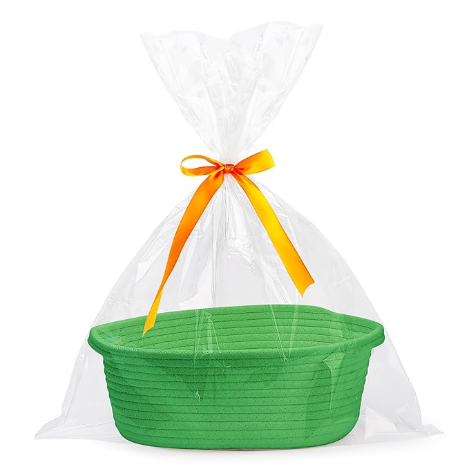 Pro Goleem Small Woven Basket with Gift Bags and Ribbons Durable Baskets for Gifts Empty Small Rope Basket for Storage 12"X 8" X 5" Baby Toy Basket with Handles, Grass Green