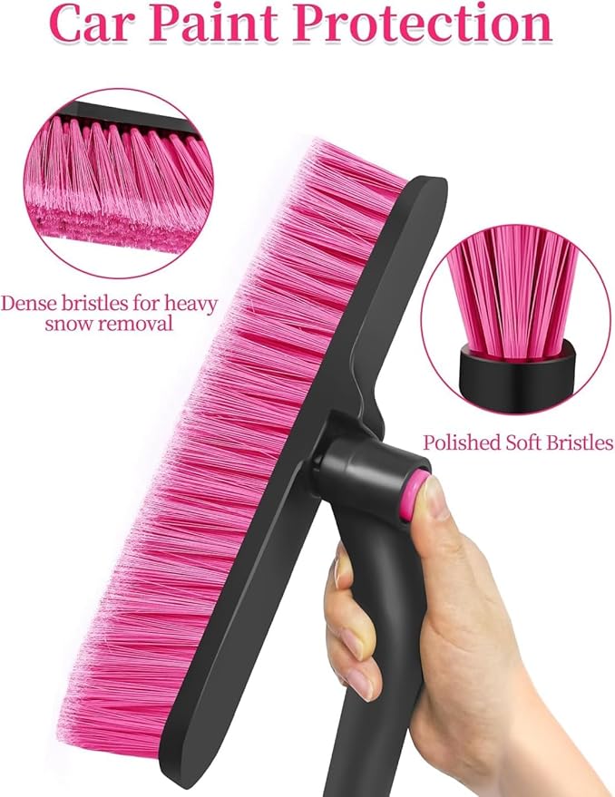 HEEYA 42.5 Inch Car Scraper Snow Brush, 12.6 Inch Large Brush Head with Ice Scraper for Window Windshield, Portable Snow Scraper for SUV Truck Vehicle Jeep RV Auto - Pink