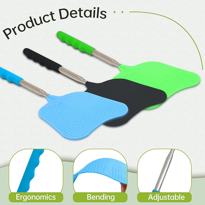 3 Pack Fly Swatters Set - Plastic Fly Swatters Heavy Duty - Fly Swatters with Stainless Steel Handle for Indoor and Outdoor - Blue + Green + Black