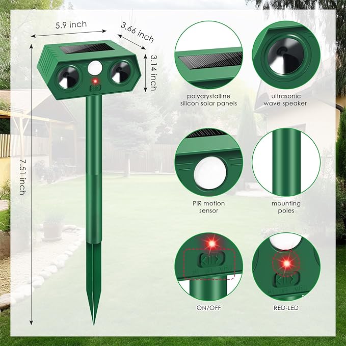 2025 4Pack Deer Repellent Device Solar Animal Repeller Cat Repellent Outdoor Ultrasonic Animal Repellent with Motion Detection to Scare Coyote Rabbit Squirrel Skunk Dog Fox Raccoon