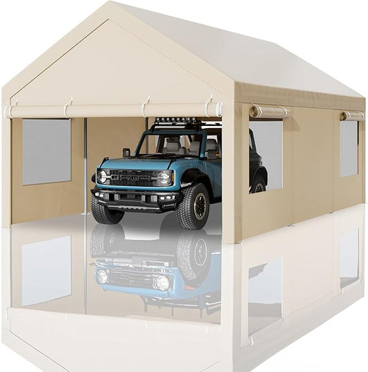 Nuturelly 10x20 FT Carport, Heavy Duty Carport Canopy with Roll-up Windows, Portable Garage with Removable Sidewalls & Doors, Car Canopy with All-Season PE Tarp for Car, Truck, Boat(Khaki)