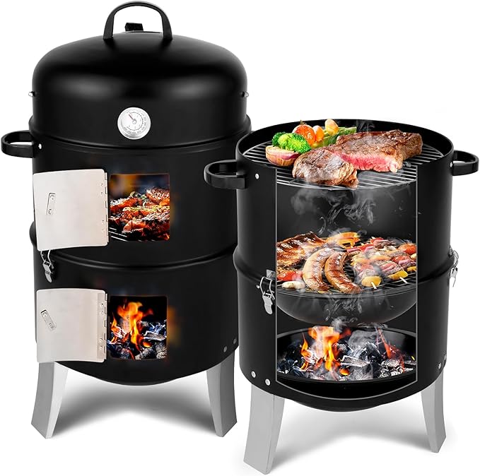 16.5 Inch BBQ Smoker Grill, 3-in-1 Vertical Charcoal Smoker, Portable Outdoor Meat Smokers with Built-In Thermometer, Air Vent, And 2 Access Doors, Idea for Parties, Backyard, Barbecues
