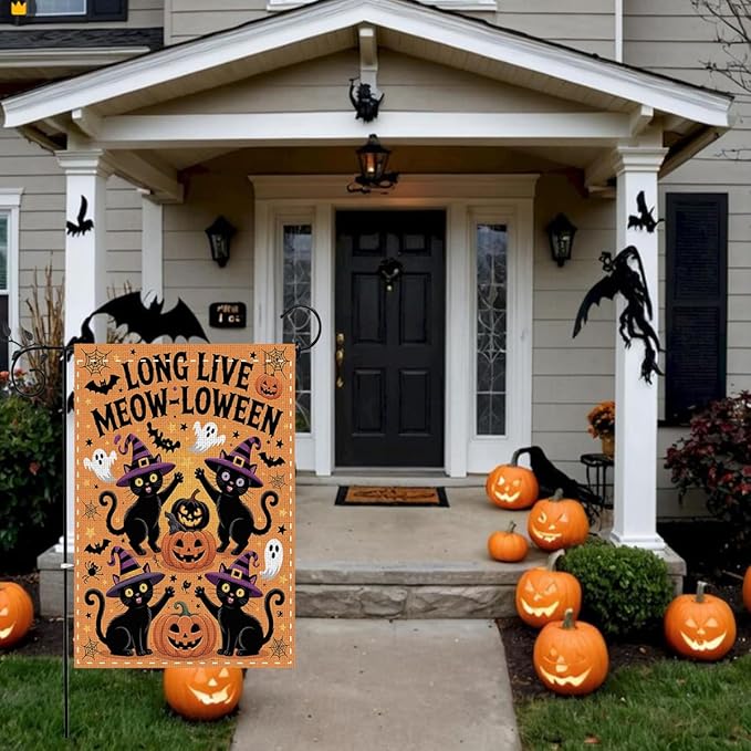 Fokongna Funny Halloween Decor Black Cat Garden Flag, Cute Halloween Long Live Meow-Loween Flag, Gift for Cat Lover 12x18 Inch Burlap Vertical Double Sided Flags, for Home Yard Outside Decorations