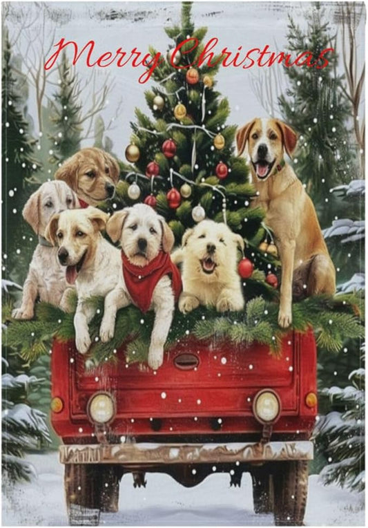 Merry Christmas Welcome Garden Flag 18x24 Inch Winter Dog Xmas Yard Flags Large Vertical Double Sided Red Truck New Year House Flag Seasonal Outside Decor for Yard Farmhouse