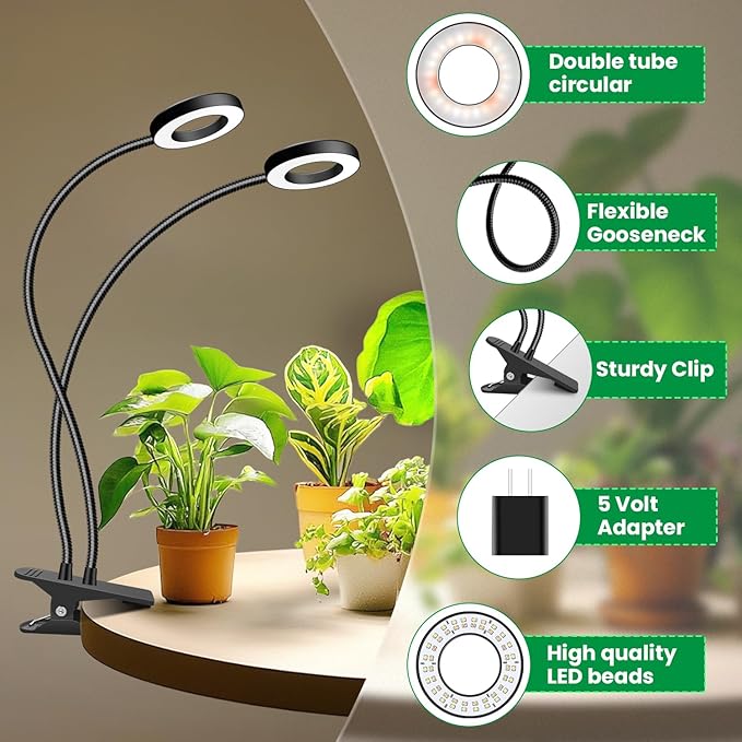 Grow Lights for Indoor Plant, Halo LED Grow Light with Clip, Upgrade 96 LEDs Clip On Plant Lights, Full Spectrum LED Plant Growing Lamp with 3 Modes & 5 Dimmable Levels, Auto Timer 6/12/16H.