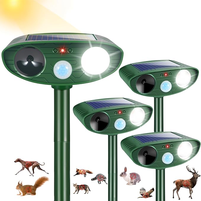 Solar Ultrasonic Animal Repellent Outdoor, Deer Repellent Devices for Yard Garden with Motion Sensor & Flashing Light, Waterproof Animal Deterrent for Cat Dog Squirrel Raccoon Rabbit Skunk Coyote Farm