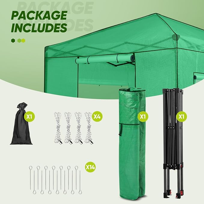 EAGLE PEAK Instant Pop-up Greenhouse, Indoor Outdoor Plant Gardening Green House, Roll-Up Zipper Doors and Side Windows, Walk in 8x8 ft, PE Cover, Green/Clear