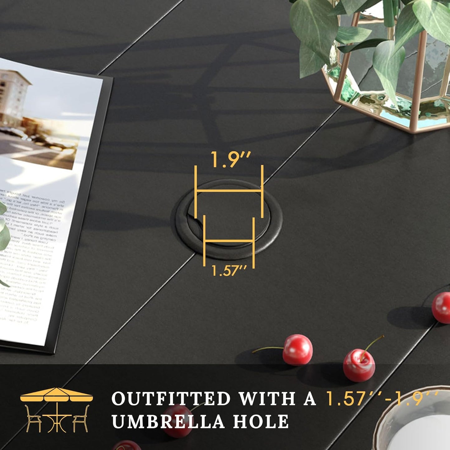 VICLLAX Patio Dining Set for 6, Outdoor Furniture Set Includes 63" Rectangle Patio Table and 6 Patio Sling Chairs, Outdoor Table and Chairs for Outsides, Black Tabletop and Dark Grey Fabric