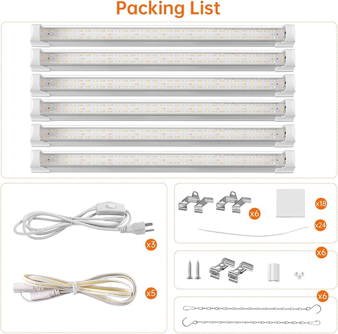 T8 Grow Light, 1.4FT 108W (6 x 18W) Plant Lights for Indoor Growing, Full Spectrum with 660nm Red LEDs, 3467K, Ideal for Indoor Plants, Greenhouse, Linkable Design with On/Off Switch, 6-Pack