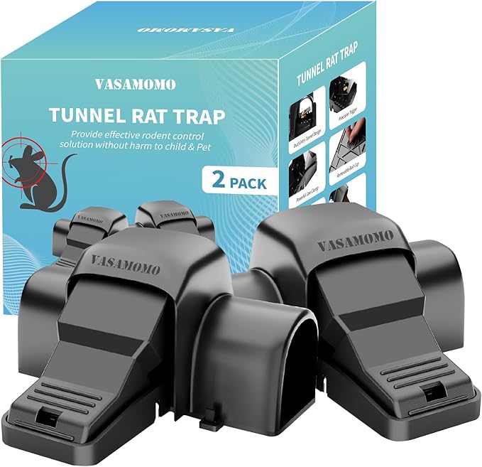 Large Rat Trap, Humane Dual-Entry Tunnel Traps for Rat, Mice & Chipmunks, Instant Kill Rodent Snap Trap with Sensitive Trigger and Powerful Jaws, for Both Indoor & Outdoor,Pack of 2