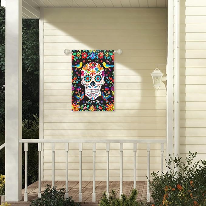Day of the Dead Garden Flag Skull Welcome Floral House Banner Mexican Gothic Skeleton Flowers Birds Double-Sided Garden Flags Fiesta Dia DE Los Muertos Burlap Yard Flag 28x40 Inch