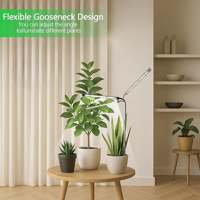 Grow Light for Indoor Plants Growing, 1 Pack 6000K Full Spectrum Gooseneck Plant Lamp for Seedings Succulents Small Plants, Auto On/Off Timing & 5 Dimming