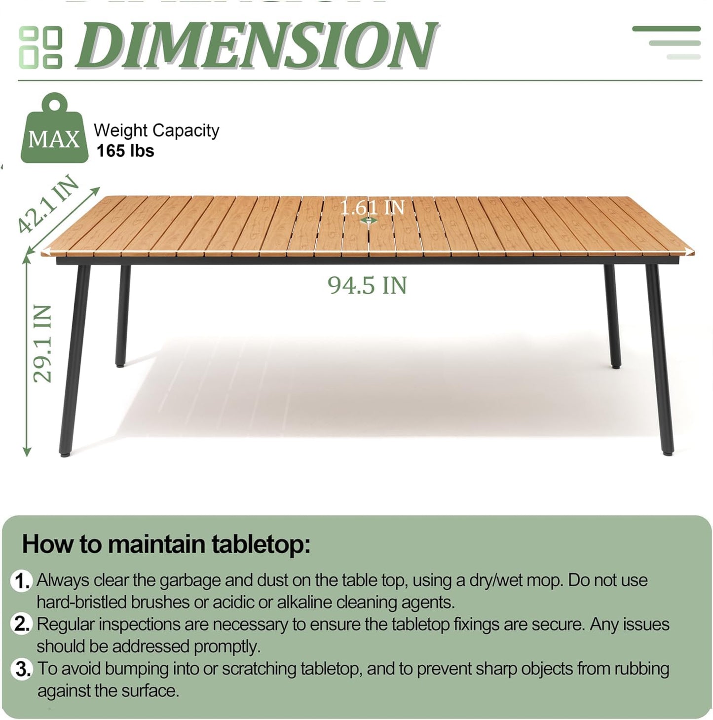 Outdoor Dining Table for 8-10, 94.5 inch Patio Dining Table with Wooden-Like Top and Aluminum Frame, Rectangular Table with Umbrella Hole Outdoor Furniture, Brown