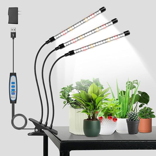 wolezek Grow Lights for Indoor Plants Full Spectrum, 6000K 3 Head Plant Lights Indoor, LED White Plant Grow Lamp with Clip, Auto ON & Off Timer 6/12/16H, 3 Light Modes, 5 Level Dimmable Brightness